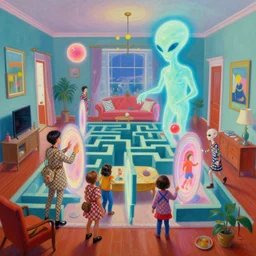 painting of a gucci costumed family being shown how to open magic portals by a large glowing alien in their suburban living room maze, designed by gucci and wes anderson, energetic glowing orbs in the air, in the style of edward hopper, james jean, and mc. escher