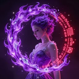 she dreams of arcs of purple flame intertwined with glowing sparks, glinting particles of ice, dramatic lighting, steampunk, bright neon, secret holographic cyphers, red flowers, solar flares, high contrast, smooth, sharp focus, art nouveau, intricate art by Alphonse Mucha