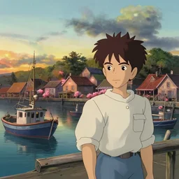 a film still of fishing harbour in a small South African seaside town of Paternoster, medium shot, waist up, studio Ghibli, Pixar, Disney and GOBELINS animation, painterly, Rendered in Unreal Engine 5, anime key art by Greg Rutkowski, Bloom, sunrise dramatic lighting