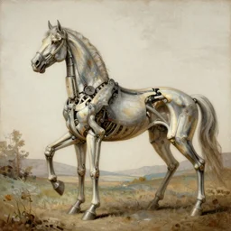 high definition mechanical horse anatomy, leonardo da vinci sketch, extremely detailed oil painting, digital art, landscape painting, trending on artstation, masterpiece
