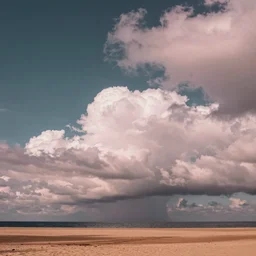 landscape of the beach, clouds, day ; pastel tones, dark colors, clear lines