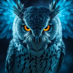 portrait of a gray owl attacking, bright golden eyes in the night, blue night lighting, symmetric, album cover art, highly detailed, digital painting, artstation, concept art, sharp focus, cinematic lighting, illustration, art by artgerm and greg rutkowski, alphonse mucha, cgsociety