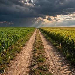 an open field, dirt path, full color
