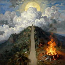 one ( narrow )!! road goes to a stairway to the heavens!!, and another ( wide road )! is interrupted by a giant! ( fire pit )!!!. aerial view, religious art, masterpiece. in a combination of thomas cole and paul gustav fischer.
