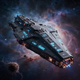 a hyper realistic beautiful scene render of a single massive black starship with glowing engraved neon inscriptions and floating in an cosmic nebulae, huge structure, mechanics, electron flow, metal, 3 d render, in the style of christophe vacher and sparth juan gregory crewdson and simon stalenhag paul pepera pablo roldan, 4 k hd