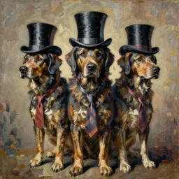 impressionistic painting of cerberus, a dog with three heads, wearing several top hats and ties in the style of  Francisco Goya and Frans Snyders