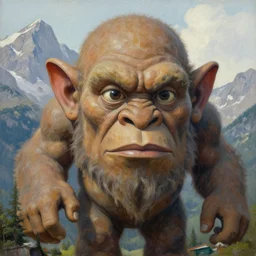 a giant troll statue in the mountains, detailed face. Realistic painting by Thomas Cole and Wayne Barlowe, Greg Rutkowski