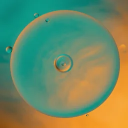 oil in water, oil macro shot, microscopic, teal and orange, small bubbles, post - processing, organic