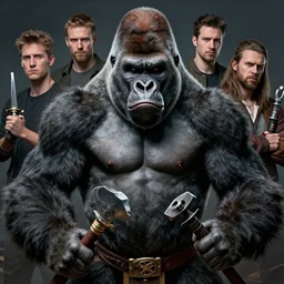 frightening gorillas warrior portrait, weapons in hand, art by artgerm, wlop, loish, ilya kuvshinov, tony sandoval. 8 k realistic, symmetrical face