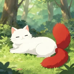 white cat with red tail like fox back laying at sunny forest, smooth, anime illustration, fantasy, uhd