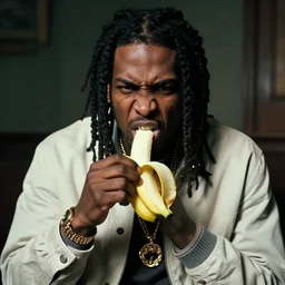 angry gucci mane eating bananas in the hood, 8k resolution, full HD, cinematic lighting, award winning, anatomically correct