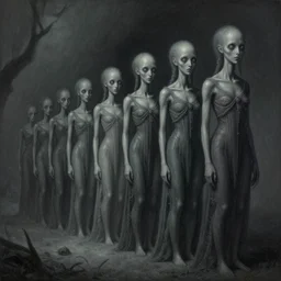 in line for the mothership, an ultrafine detailed painting by george tooker, cgsociety, massurrealism, matte drawing, lovecraftian, dystopian art