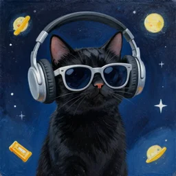 a black cat with sunglasses and headphones in space, painting