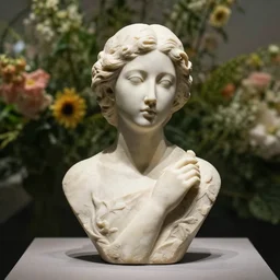 A beautiful sculpture by Sandra Chevrier, background flowers by Zhang Jingna, 50mm