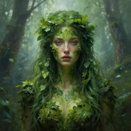 ''cinematic shot'' forest goddess skin covered in vegatation with simetrical beutiful face long green hair covered in vegatation with leaves falling in the back fog realistic atmosferic made by ivan aivazovsky, peter mohrbacher, greg rutkowski volumetric light effect broad light oil painting painting fantasy art style sci - fi art style realism premium prints available artwork unreal engine