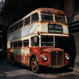 a widescreen photo of a old rusty double - decker bus in a dark alley, low light, by steve mccurry