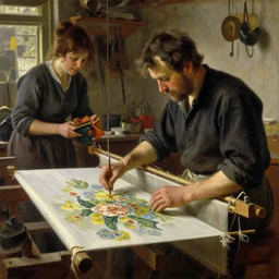 oil painting of weaver working on a beautiful piece of fabric in their workshop, art by anders zorn, wonderful masterpiece by greg rutkowski, beautiful cinematic light, american romanticism by greg manchess, jessica rossier and norman rockwell