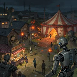 close - up of old cyborgs exploring small town cyperpunk amusement, food stalls, big top circus tent, highly detailed, nightmare, small fires, japan, digital painting, concept art, matte, art by ruan jia and wlop and greg rutkowski and makoto shinkai, masterpiece
