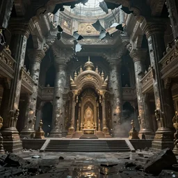 Highly Detailed Interior of the drowned temple, shattering walls, creeping gloom, the throne room, stunning atmosphere, Peter Mohrbacher, cinematic lighting