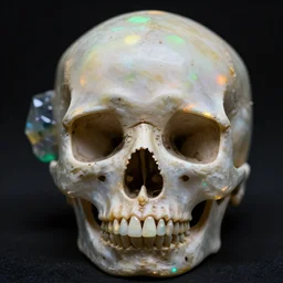material study, f skull strange exotic gemstones, translucent, fluorescent, glowing, beautiful, colorful, sharp focus, highly detailed, 4 k, black background