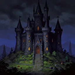 a dark castle scene from a fantasy point and click 2 d graphic adventure game, art inspired by thomas kinkade, king's quest, sierra entertainment games
