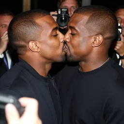 a photograph of Kanye West kissing Kanye West, paparazzi photo