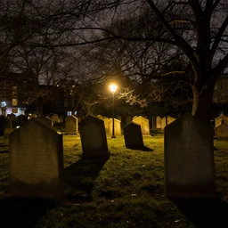 4 k, highly detailed, high quality, hd, award winning photography of highgate cemetery at night, dimly lit by street lamps.