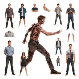 a collage of photocopied multiple body parts from a diverse range of people, forming a horrific pastiche of a man looking for action.