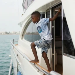 nigerian boy climbing into a luxury yacht