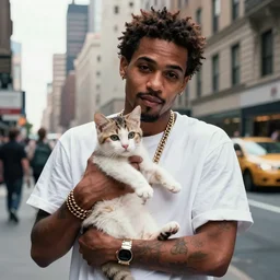 “15mm wide-angle lens photo of a rapper in 1990 New York holding a kitten up to the camera”