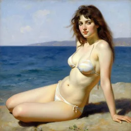 a beautiful woman in a bikini, highly detailed painting by gaston bussiere, craig mullins, j. c. leyendecker