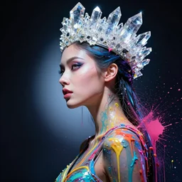 a cyberpunk goddess wearing a crystalline crown, side portrait, striking, defiant, spotlight, paint drips, paint splatter, vibrant colors, beautiful eyes, futuristic clothing, by marco paludet and gianni strino and marion bolognesi
