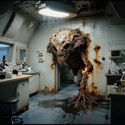 Film still of a dimly lit white science lab on a space ship, decay, burning, rust, giger, water dripping, puddles, wet floor, Cinestill colour cinematography, anamorphic