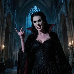mary elizabeth winstead as a vampire menacingly flashing her fangs in a gloomy gothic cathedral at night