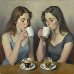 two women drinking coffee, oil on canvas, detailed, artwork by pablo picasso