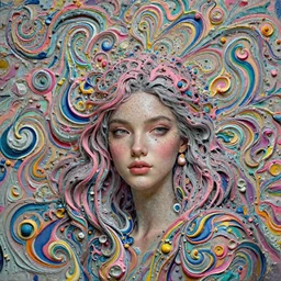 A portrait of a very beautiful goddess with pink and grey hair radiating an artwork made of multicolored swirling paint and empasto by James Jean and WLOP , volumetric displacement by Lee Griggs, hyperrealism, subsurface scattering, octane render, 8k,  xparticles