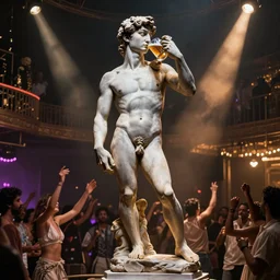 the statue david from michelangelo drinking a beer, dancing on the dancefloor at elrow party in amnesia in ibiza