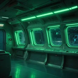 cinematic still of a starship interior with neon green lights and windows, 32mm, 4k