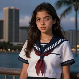 Italian Mexican teen female wearing a navy and white Japanese school uniform, posing in Waikiki, sigma female, portrait art by Moebius, highly detailed, digital painting, concept art, illustration, dim lighting with twilight rays of sunlight, trending on artstation, very detailed, smooth, sharp focus, octane render, close up