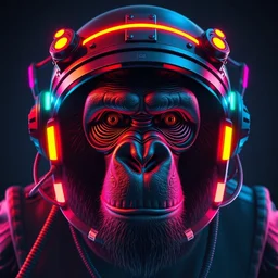 movie poster of a realistic ape head with a steampunk space helmet with multicolored glowing tubes and cables, crisp, trippy, fluorescent colors, insanely detailed, 3 d render, front shot, 3 5 mm