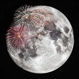 high quality digital art of colorful fire works on the moon, in style of Greg Rutsowski, moon craters are visible, high quality cinematic lights, 8K octane render, art station