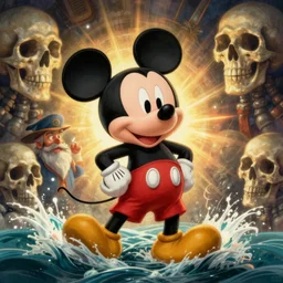 mickey mouse crossing the styx with charon portrait intricate smiles skulls