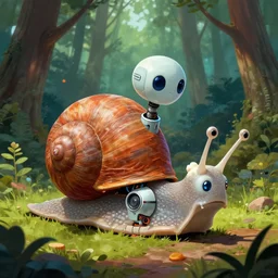 snail robot machine in the forest detailed illustration, concept art, dynamic colour palette, highly detailed, high contrast, strong lighting