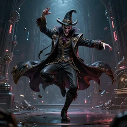 a portrait of a evil magician dancing, cyberpunk concept art, trending on artstation, highly detailed, intricate, sharp focus, digital art, 8 k