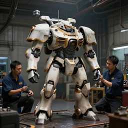 Battletech portrait of AS7-D Atlas Assault Mech being worked on by technicians in a mech bay, Battletech, by Greg Rutkowski, sharp lighting, 4k, detailed