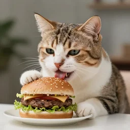 a cat eating a hamburger by WLOP and tony sart, fantasy art, 4k, HDR, photorealistic, 8k, trending on artstation