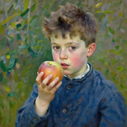 high detailed oil painting of boy with apple painted by claude monet