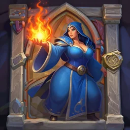 a female mage with a blue robe and casting a fire spell, Hearthstone official splash art, tinyest midriff ever, largest haunches ever, fullest body, small head, largest chest ever, SFW, SFW, perfect master piece, award winning