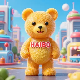 portrait of haribo bear in future city, color and sh