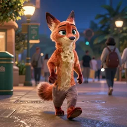 a scene for nick walking on the street at night, zootopia 2